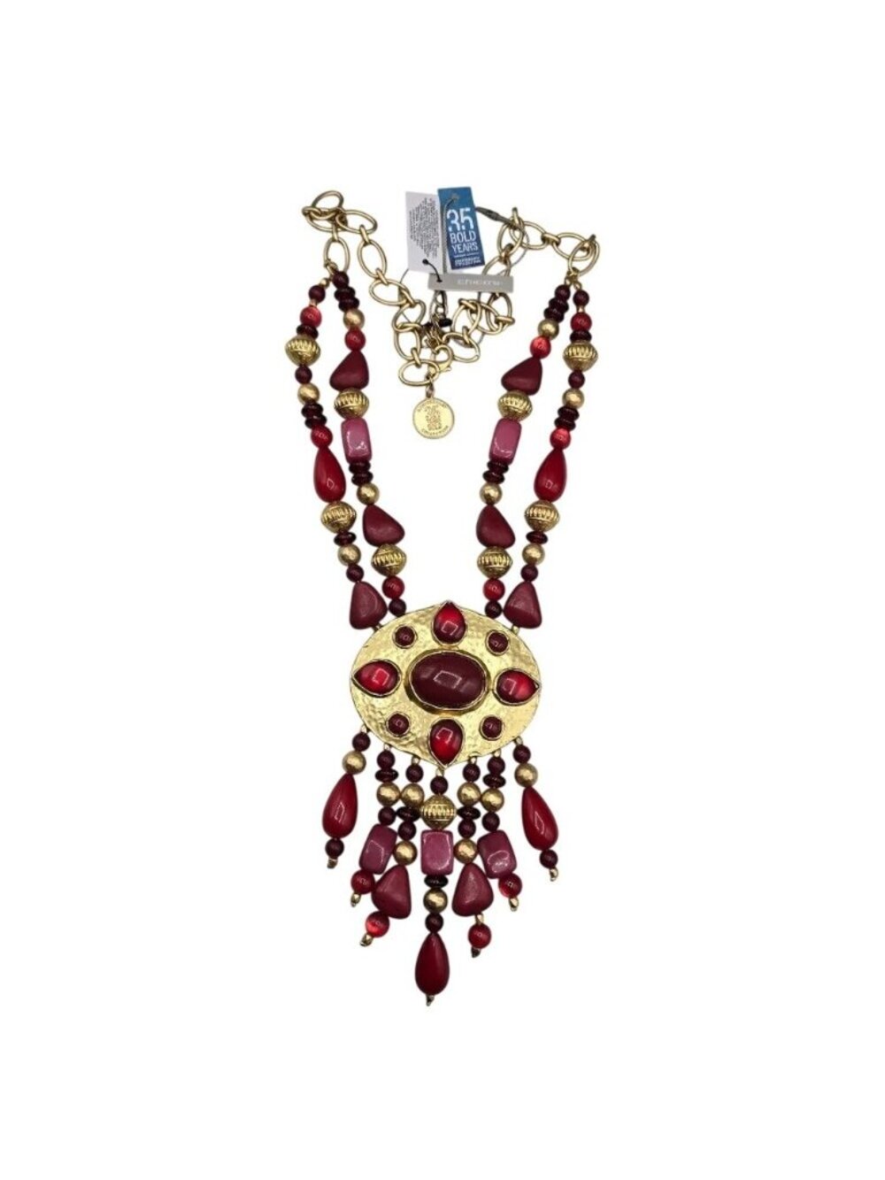 Vintage Chicos Red Statement Necklace Gold Beaded Fringe Bold 35th Anniversary - Picture 2 of 12